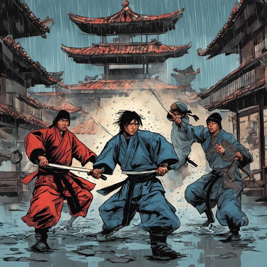Ninjas Fighting Samurai in Rain, Comic Book Style