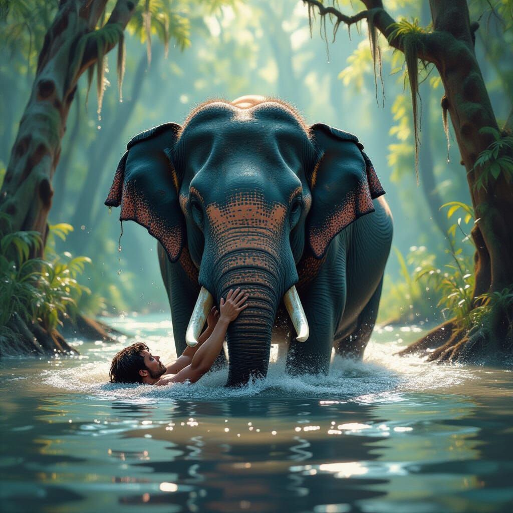 Elephant Rescues Person From Swamp in Dramatic Splash Art