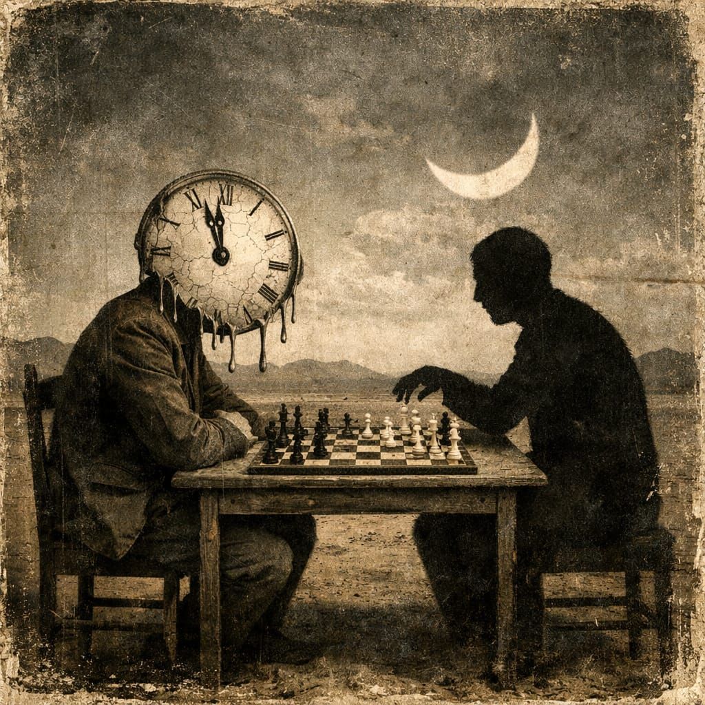 Surreal Desert Chess Game Under Crescent Moon
