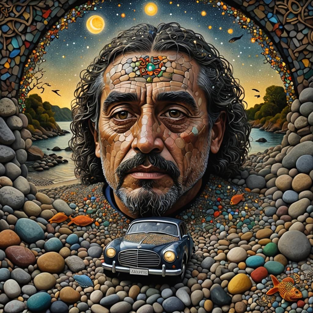 Surreal Gauguin Self-Portrait in Pointillism Style