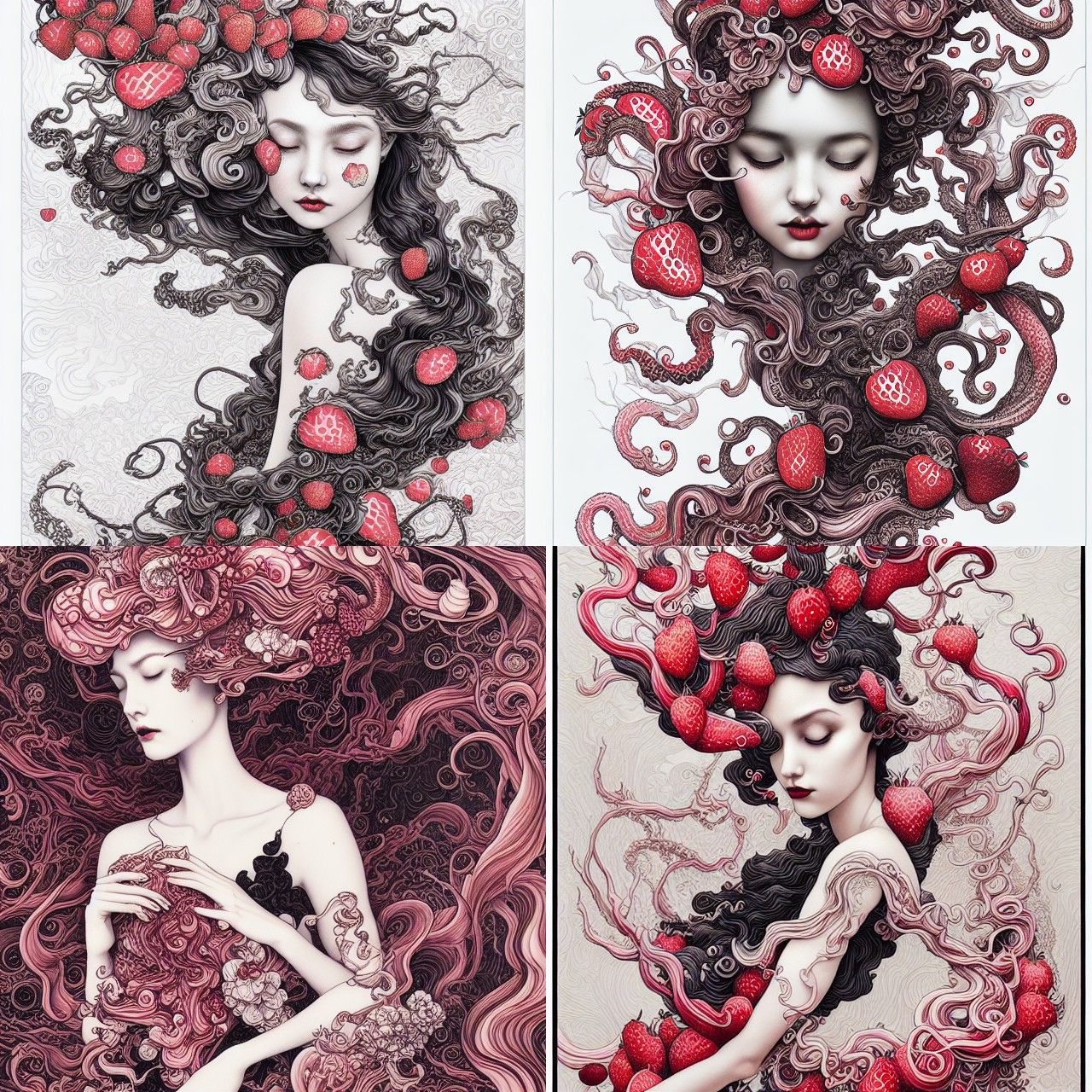 Strawberry Girl in Swirling Floral Illustration