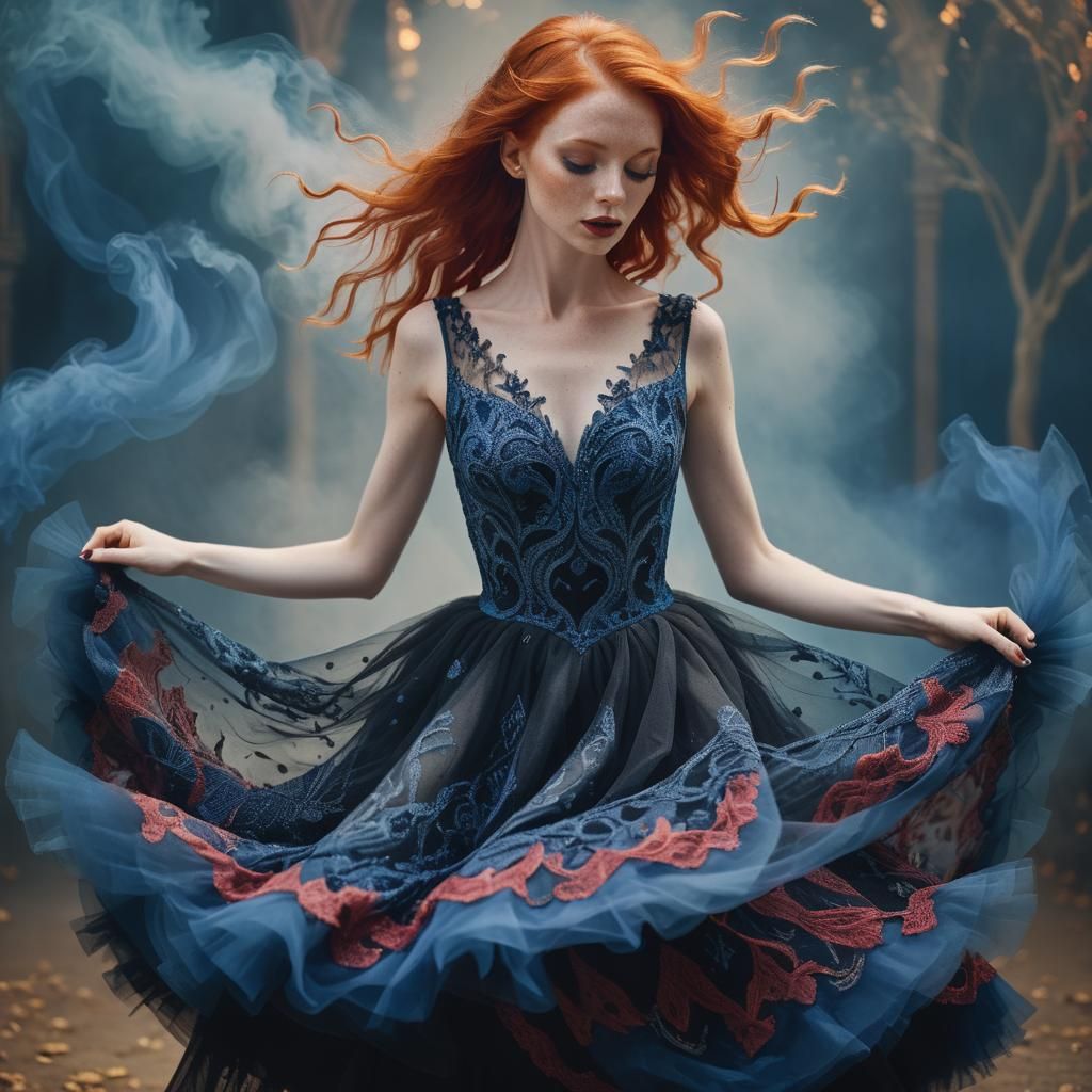 Woman Dancing in Sapphire Dress, Dreamy Portrait