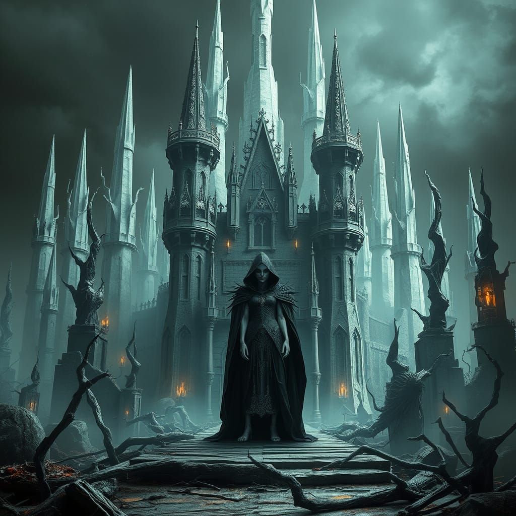 Undead Queen at Gothic Crystal Castle in Surreal Style