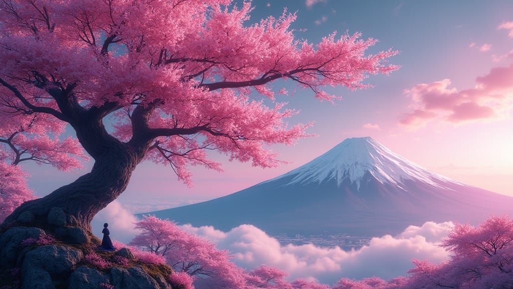 Cherry Blossom Tree and Mt Fuji in Anime Style
