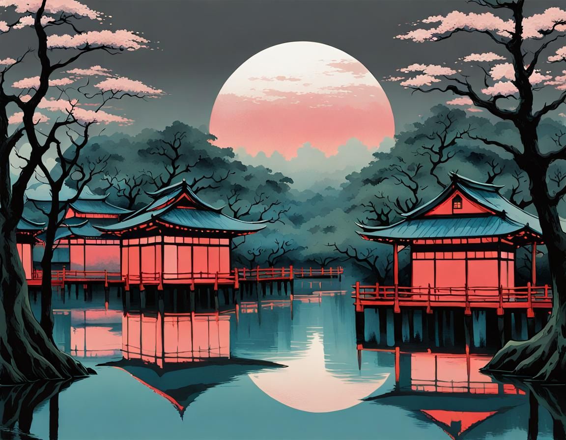 Futuristic Flower Village in Ukiyo-e Style