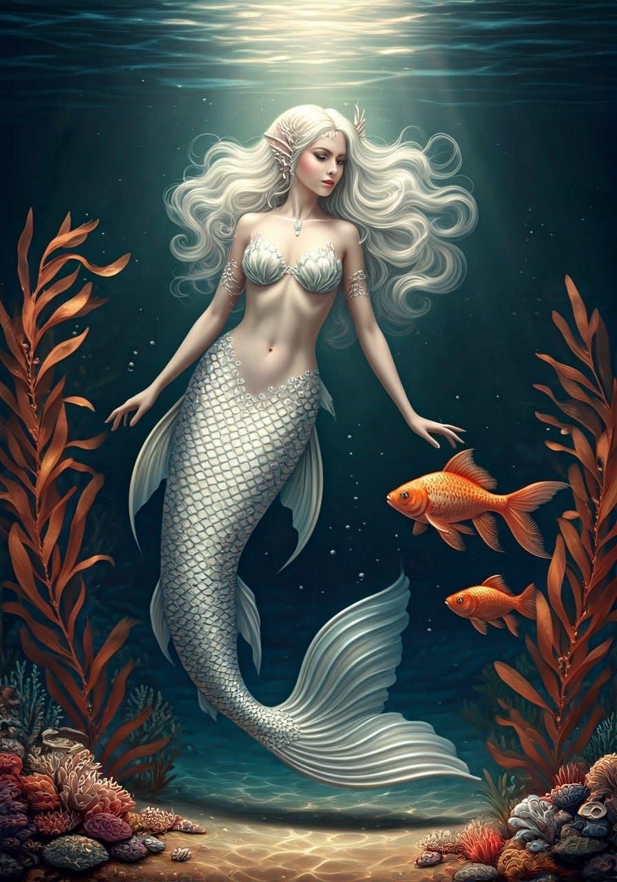 Majestic Mermaid Gazing at Shimmering Fish in Ethereal Aura