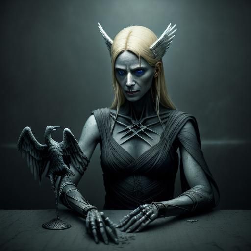 Tarot Reader with Phoenix Figurine in Biomechanical Style