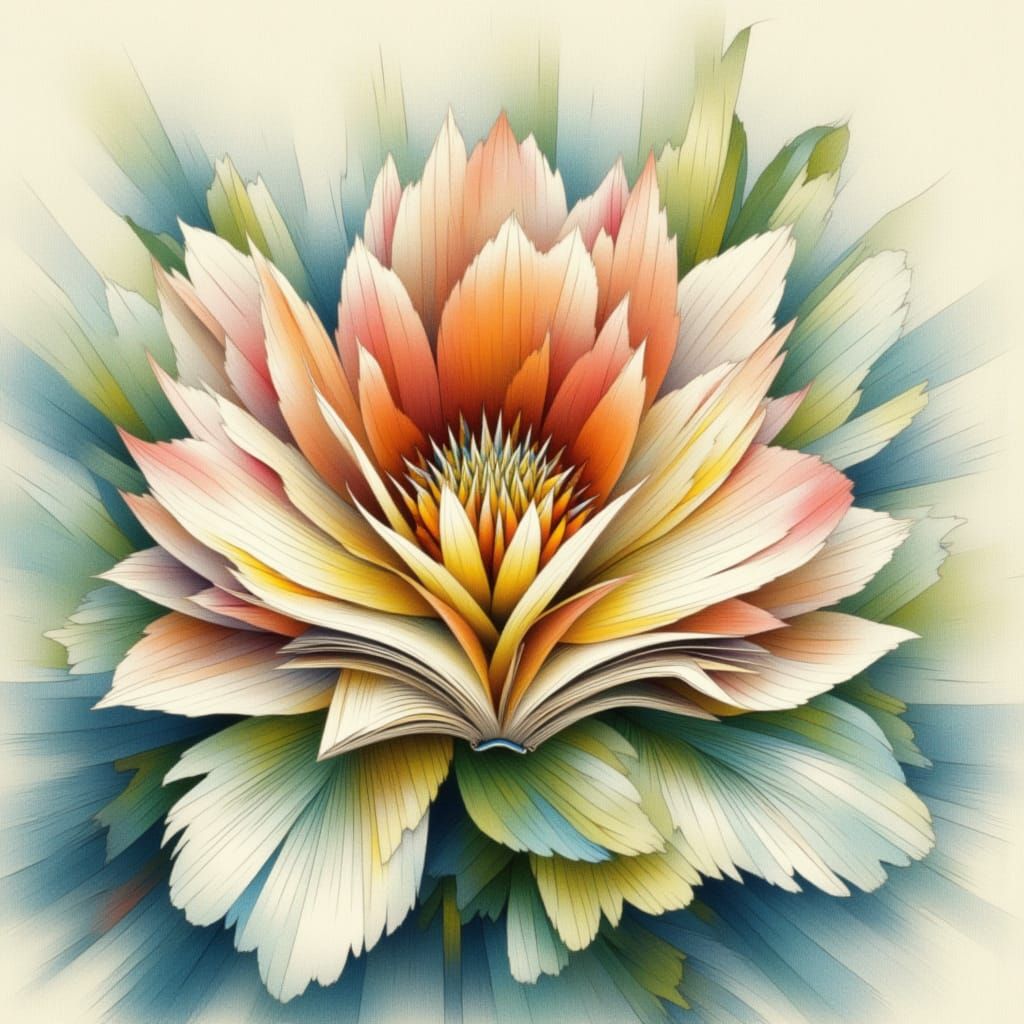 <lora:Raster:1.0> Delicate, exotic plant with petals resembling tiny, intricately detailed open books, in a soft, ethere...