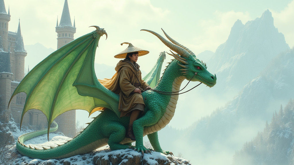 Halfling on Green Dragon Soaring Over Snowy Castle