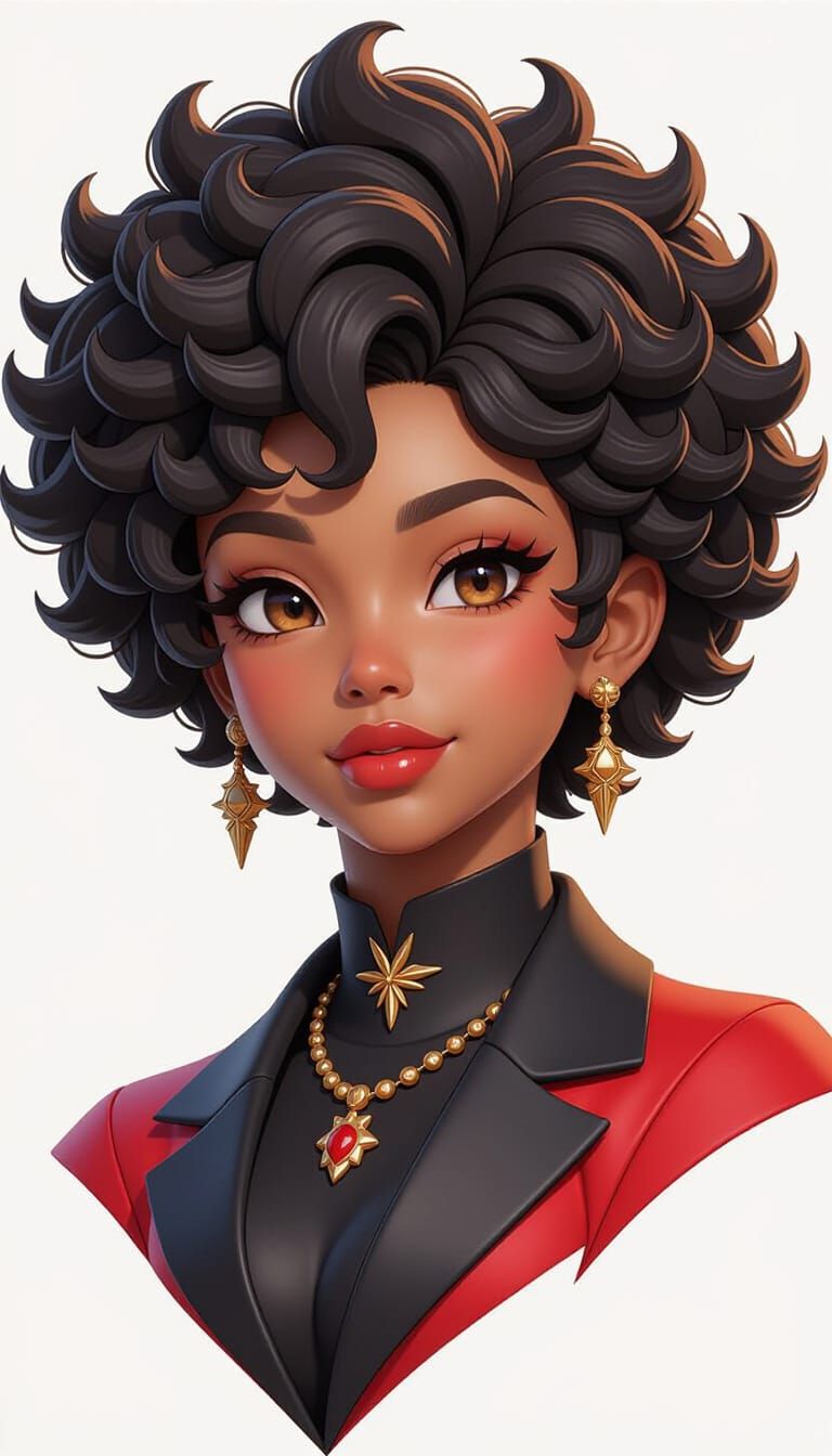 Brown-Skinned Vampire with Curly Afro in 3D Anime Style