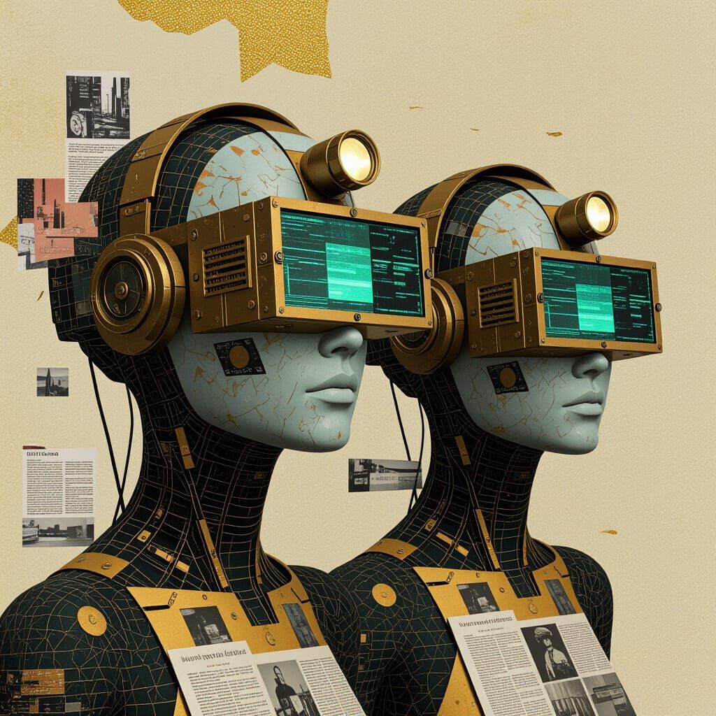 Surreal Humanoids in Collaged Dreamscape with Steampunk Elem...