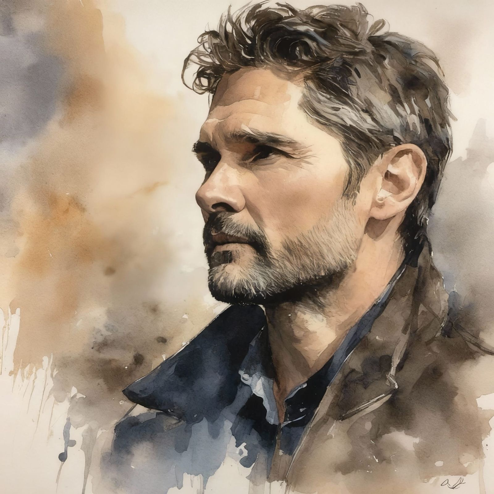 Watercolour Portrait of a Contemplative Man