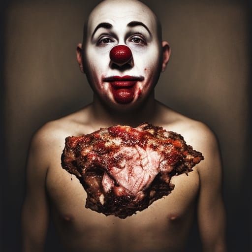 Sad clown with meat