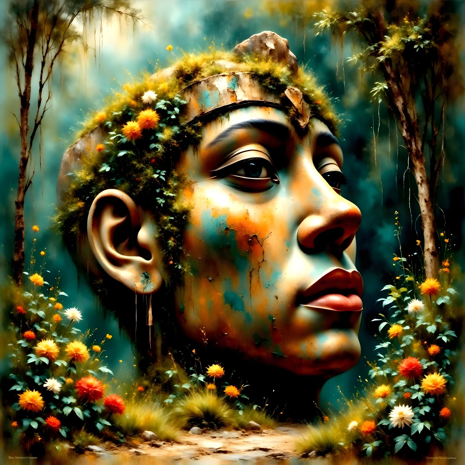 A Majestic Olmec Head Emerges from a Tropical Jungle Landsca...