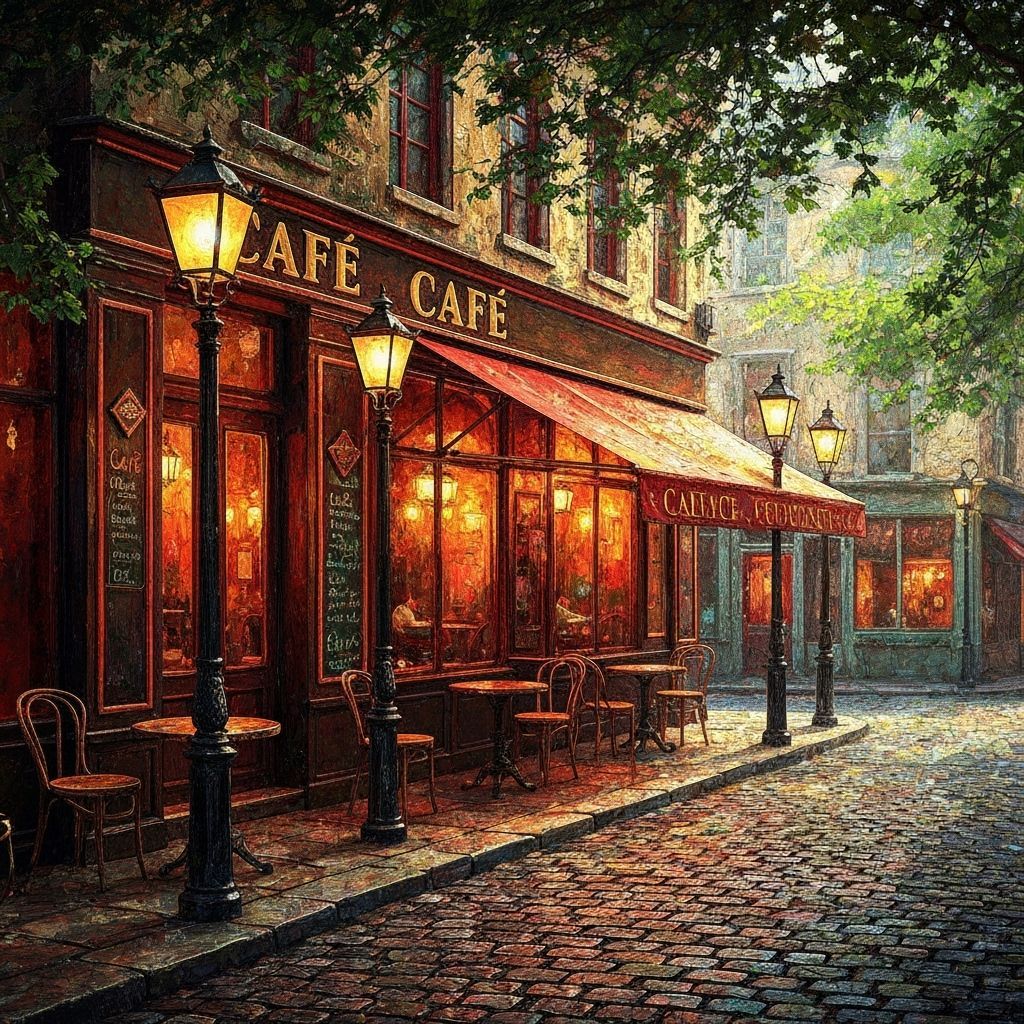 Enchanted Monet Style Cafe on Cobblestone Street