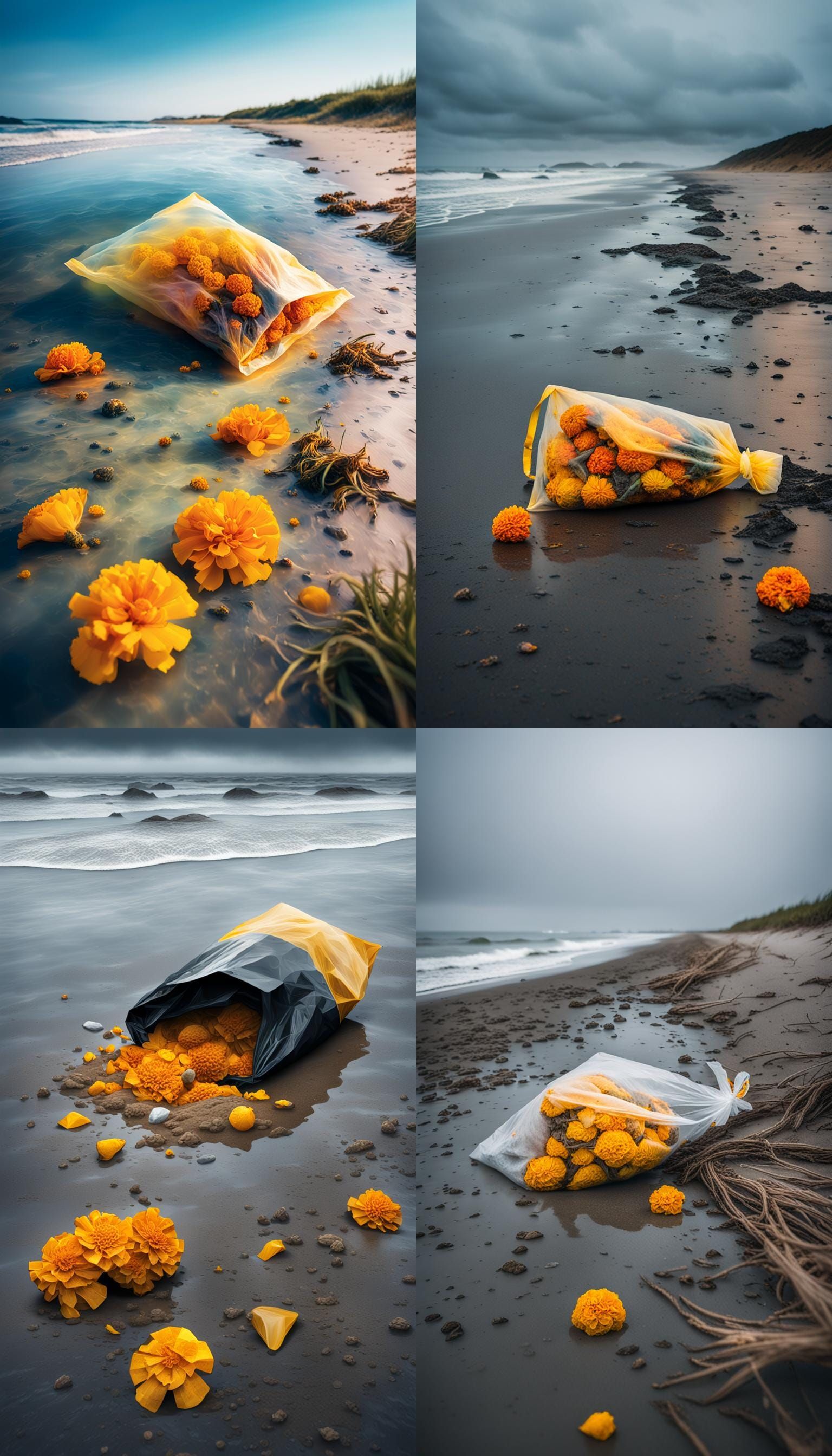 Rotten Flowers in Plastic Bag on Beach