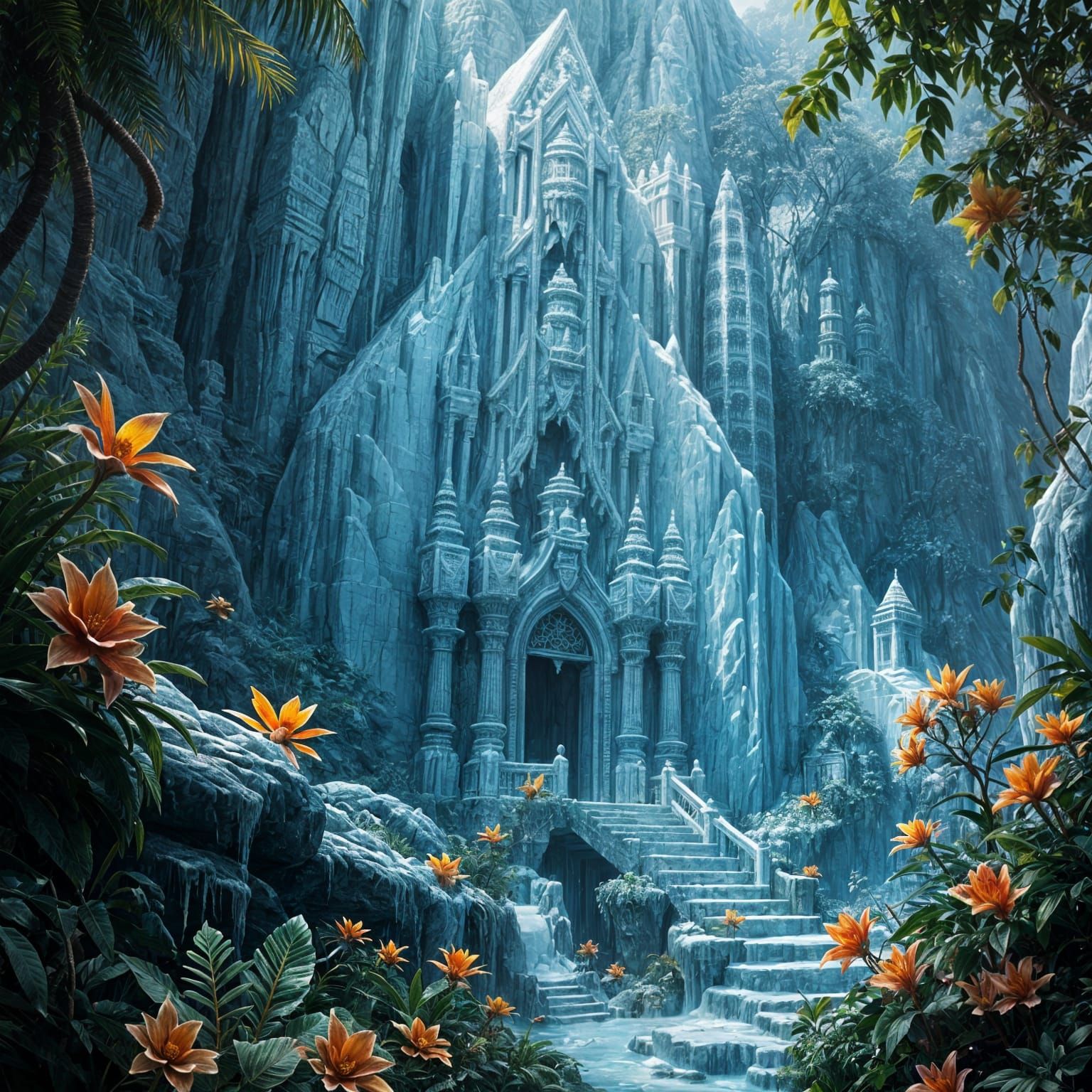 Icy Ancient Temple in Jungle, Hyperrealistic