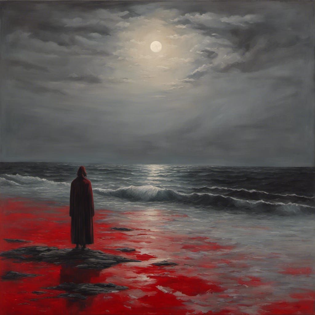 Blood-Red Sea: Solitary Figure in Moonlit Acrylic