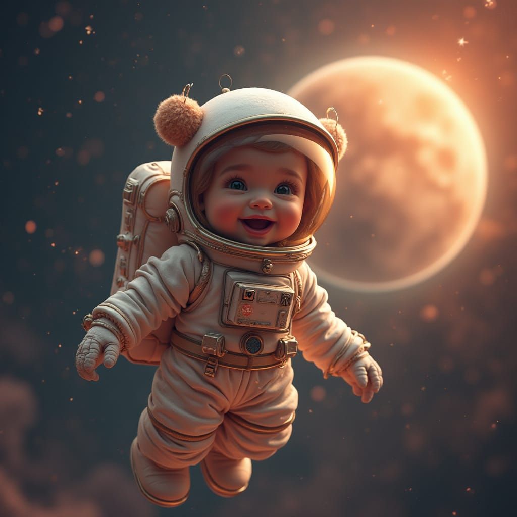 Baby Astronaut Floating in Space With Bright Planet