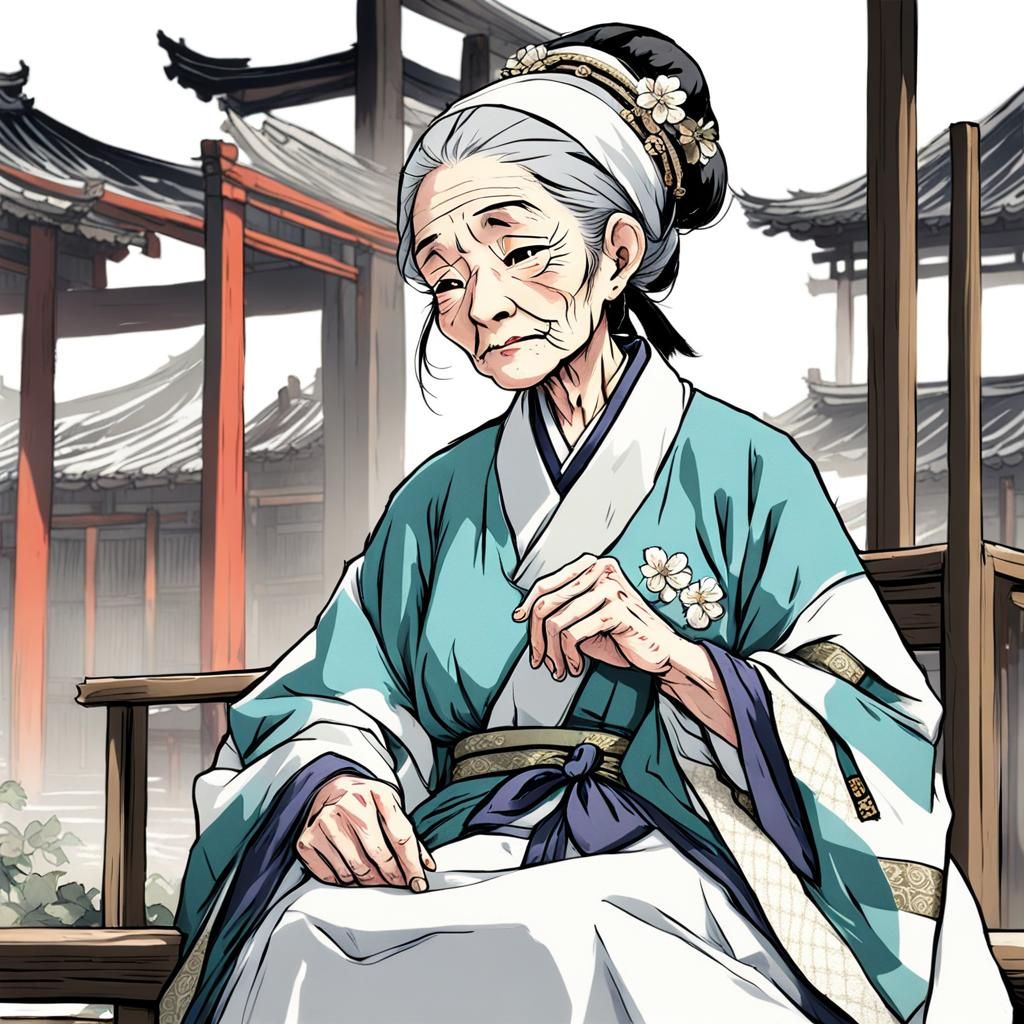 Old Woman in Qing Dynasty Homespun, Anime Style