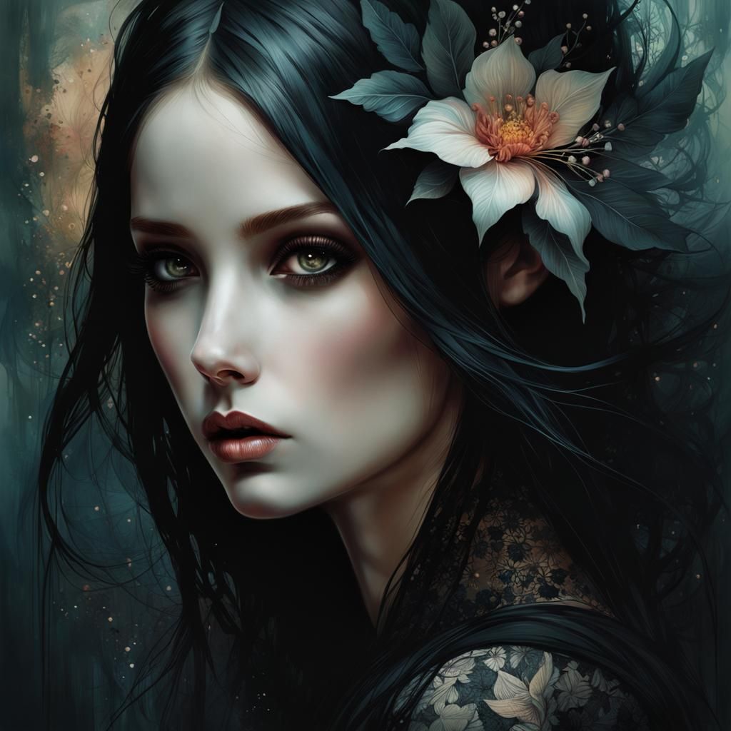 Moody Girl in Black: Hyperdetailed Digital Painting