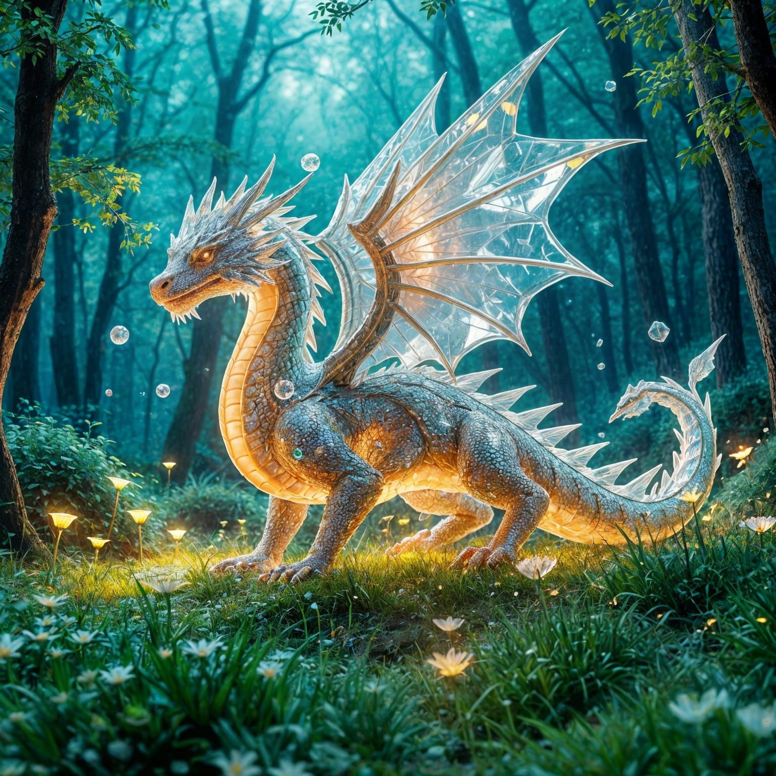 Crystal Dragon Creates Vortexes in Magical Forest