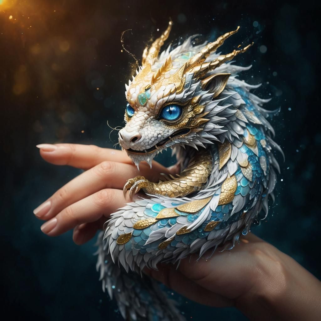 pequeño y detallado dragon serpiente  chino peludo , blanco y dorado de grandes ojos azules envolviendo un dedo de mujer