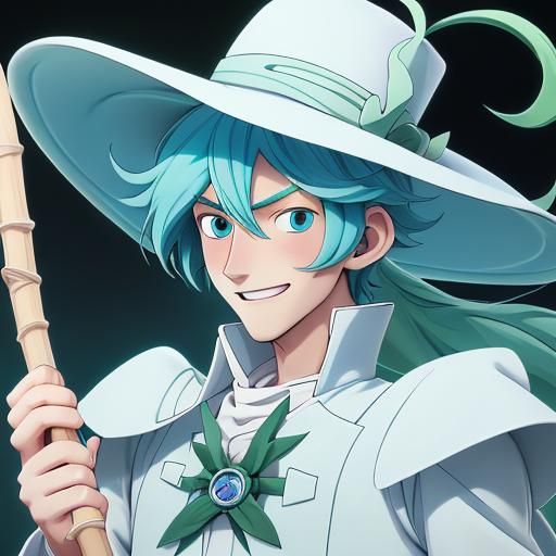 Anime Style Boy with Blue Eyes and Green Hair