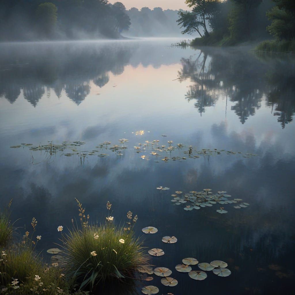 Moonlit Lake Reflecting Starry Sky in Impressionist Style