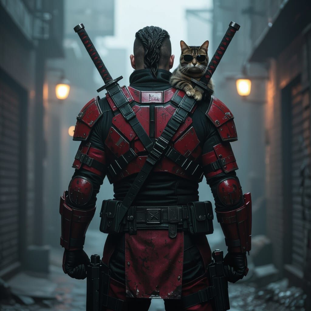 Dystopian Warrior with Cat Companion, Cinematic Lighting