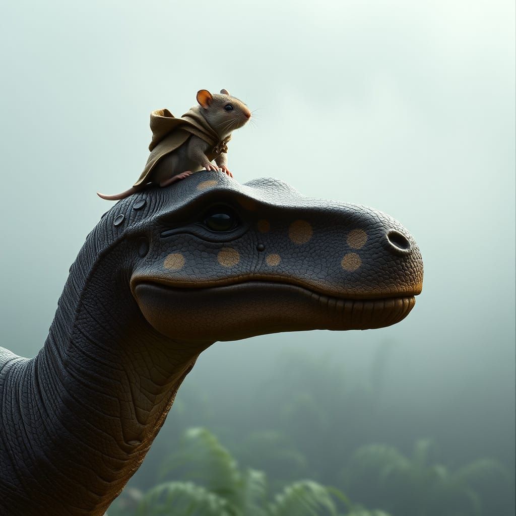 Mouse Adventurer on Brachiosaurus in Misty Jurassic Valley