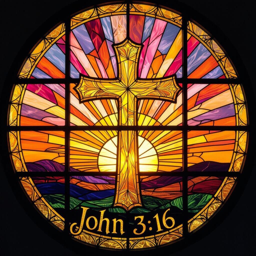Stained Glass Window with Cross and Sunrise, John 3:16