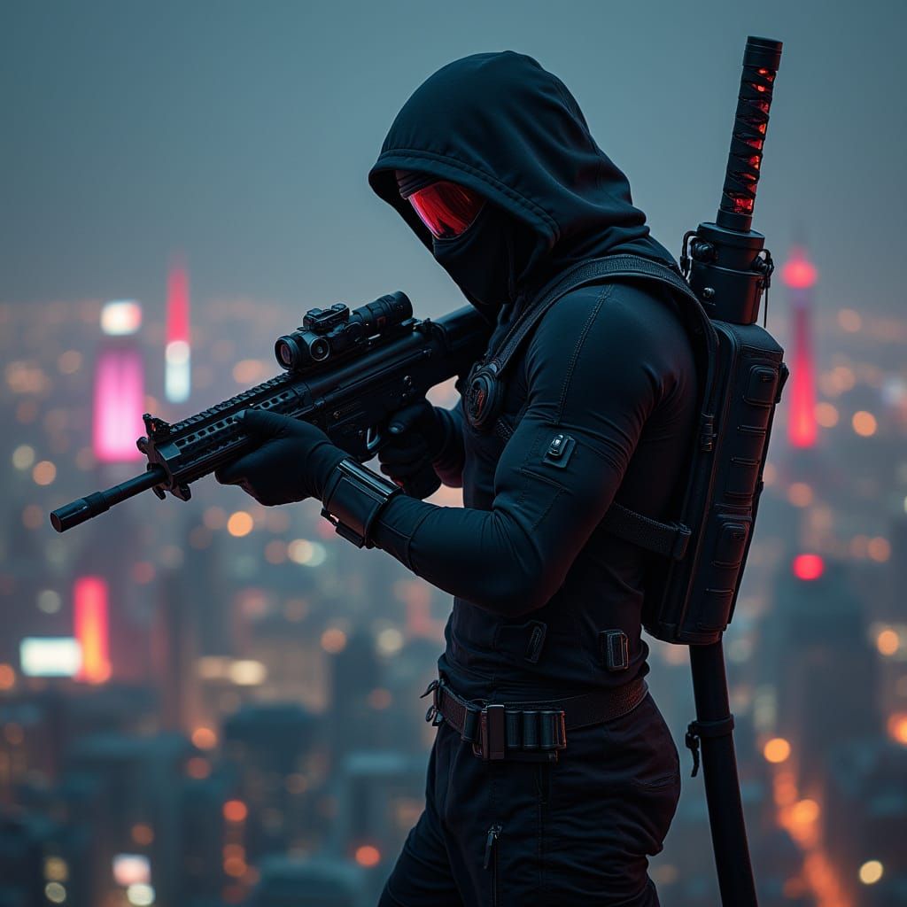 Cyberpunk Ninja Overlooking Neon Cityscape at Night