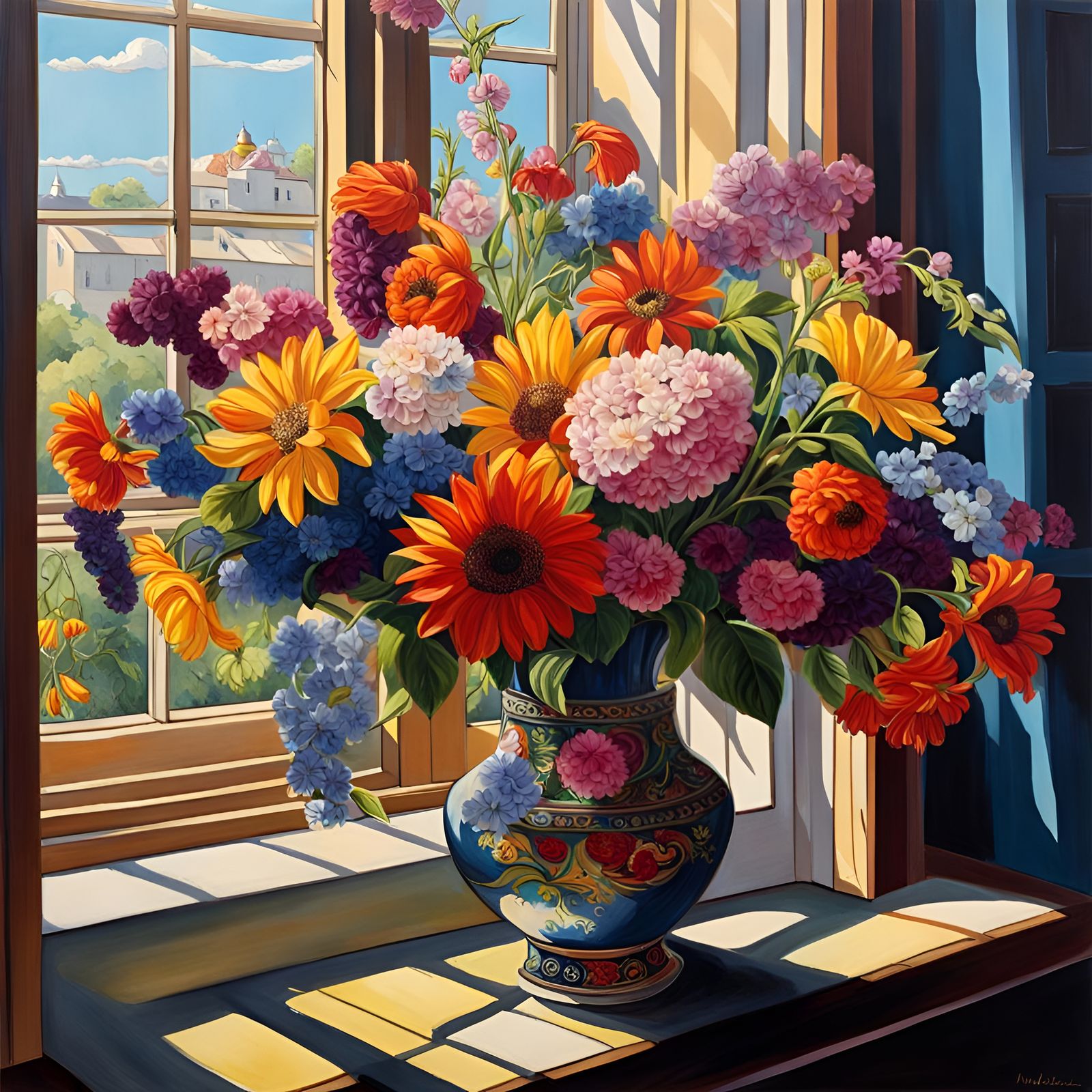 Sunlit Colorful Flowers in Vase