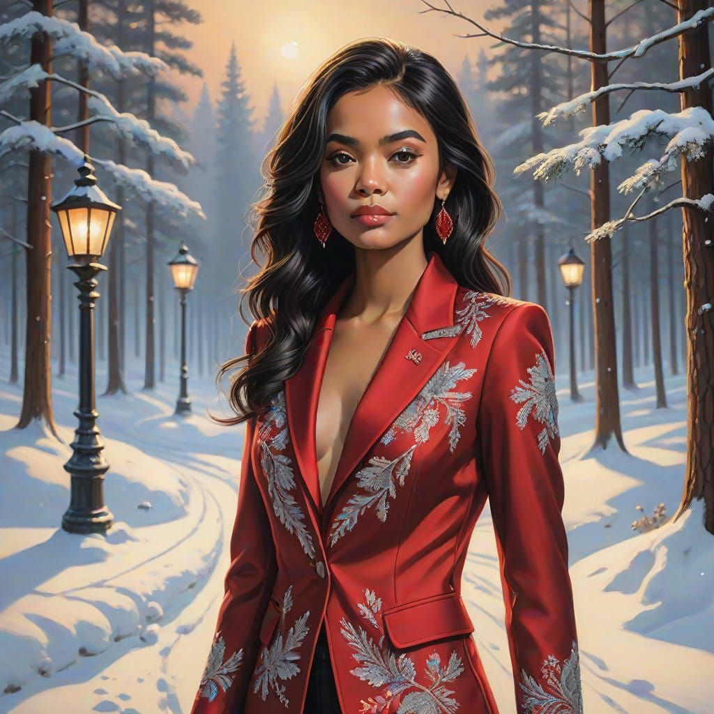 Elegant Woman in Winter Wonderland Attire