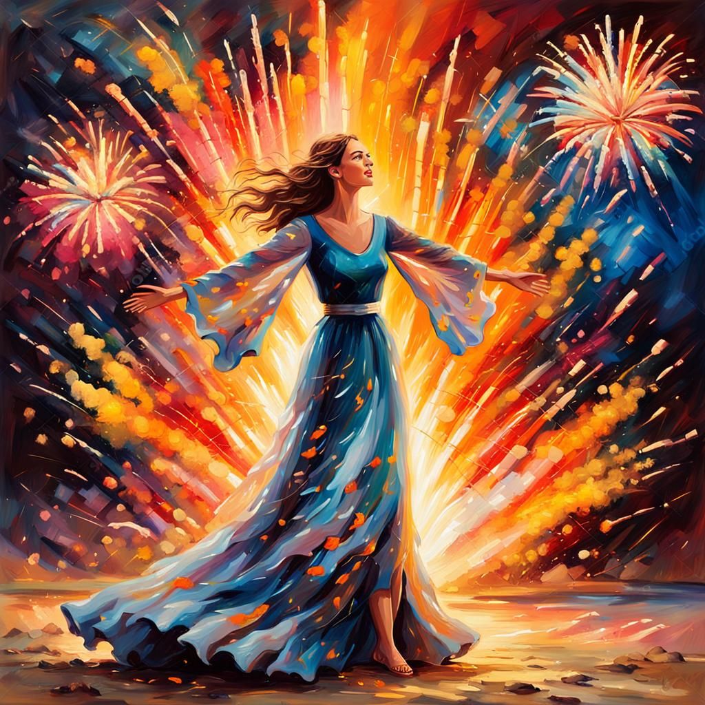 Bonfire Dancer in Exploding Fireworks: Impasto Oil