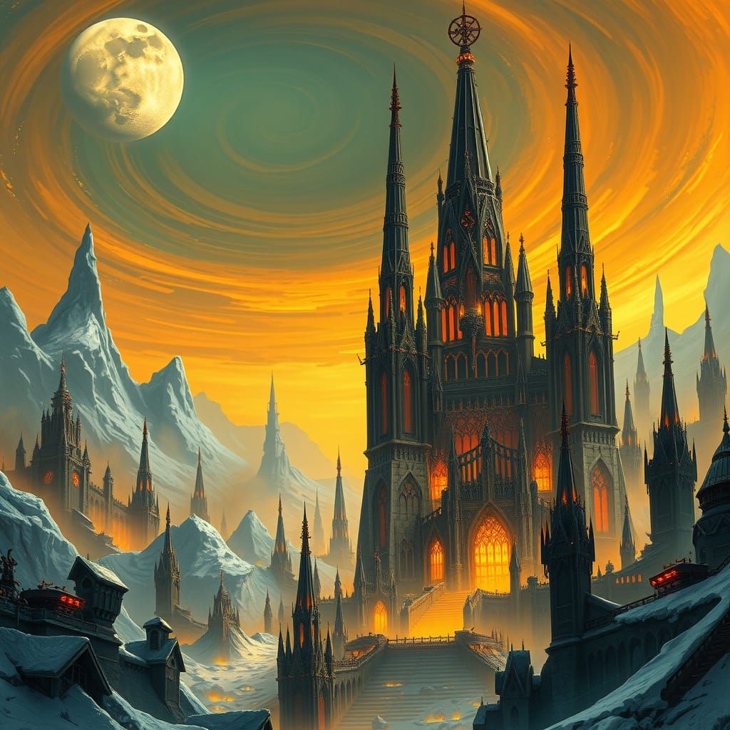 Gothic Ice Hive Cityscape under Toxic Aurora