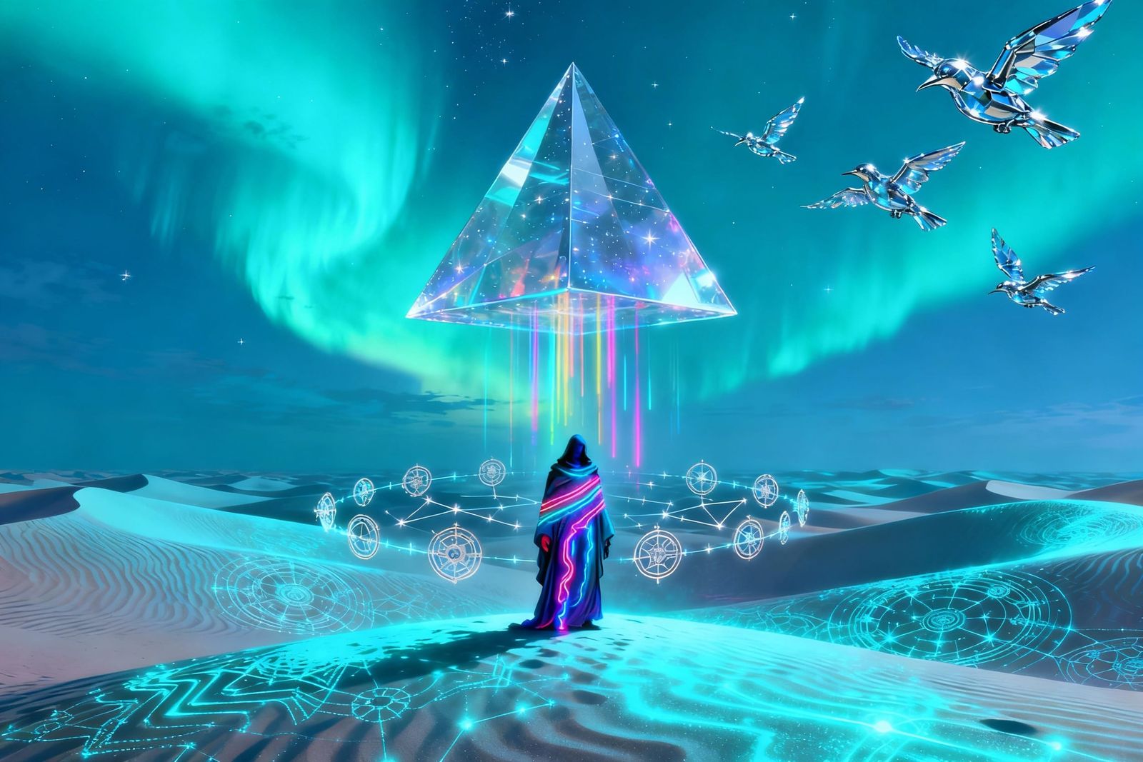 Neon Veil Desert Wanderer Under Aurora Sky