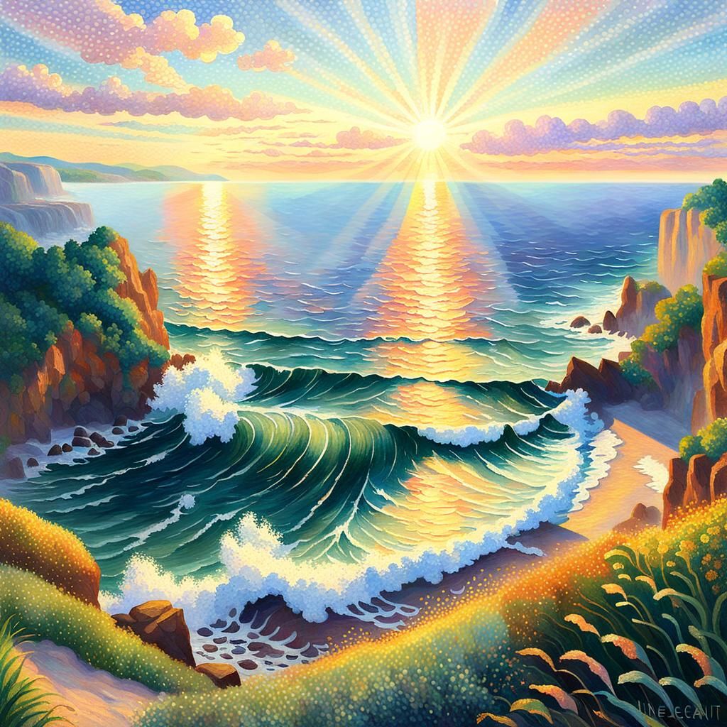 Pointillist Ocean Sunset with Divine Light