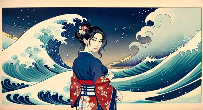 Geisha Overlooking Turbulent Sea in Hokusai Ukiyo-e Style