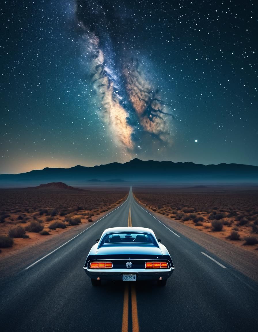 Muscle Car on Desert Road to Milky Way