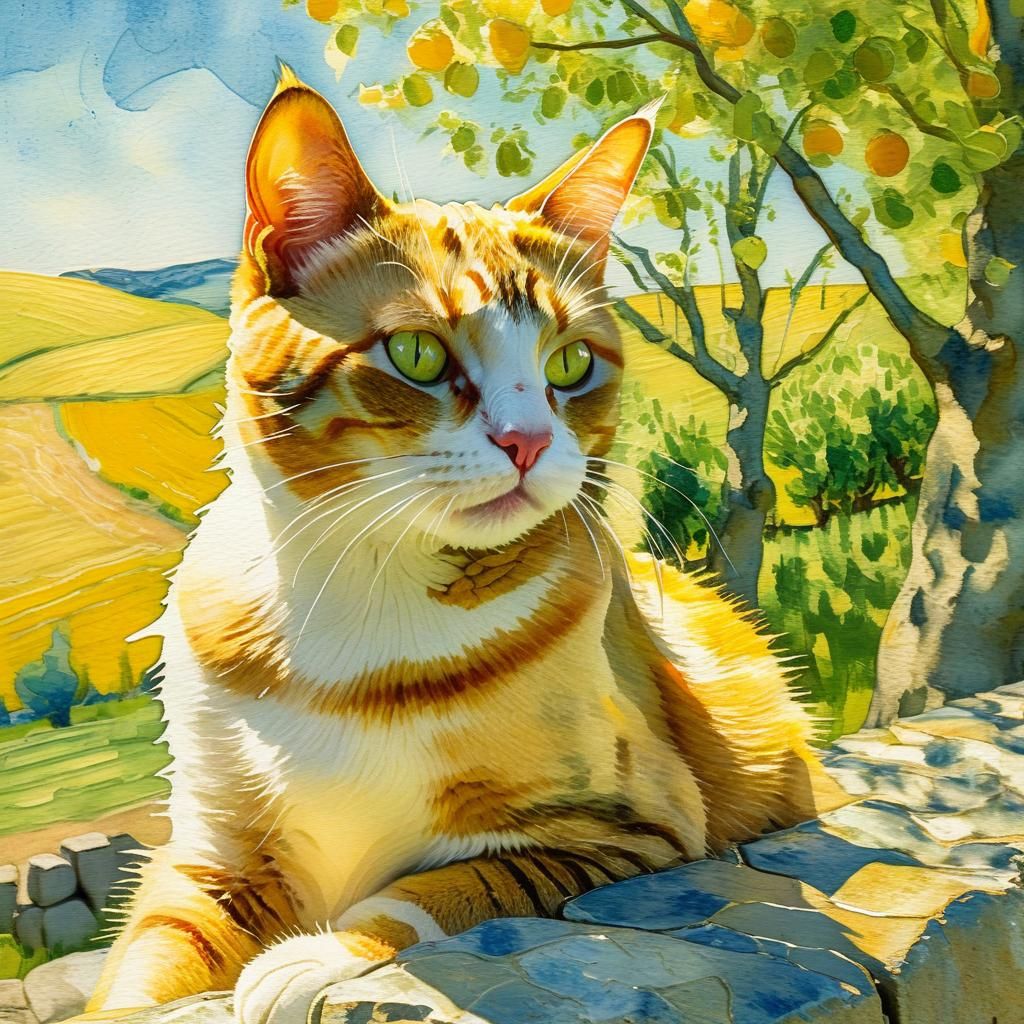 Cat in Orchard, Van Gogh Style Watercolor