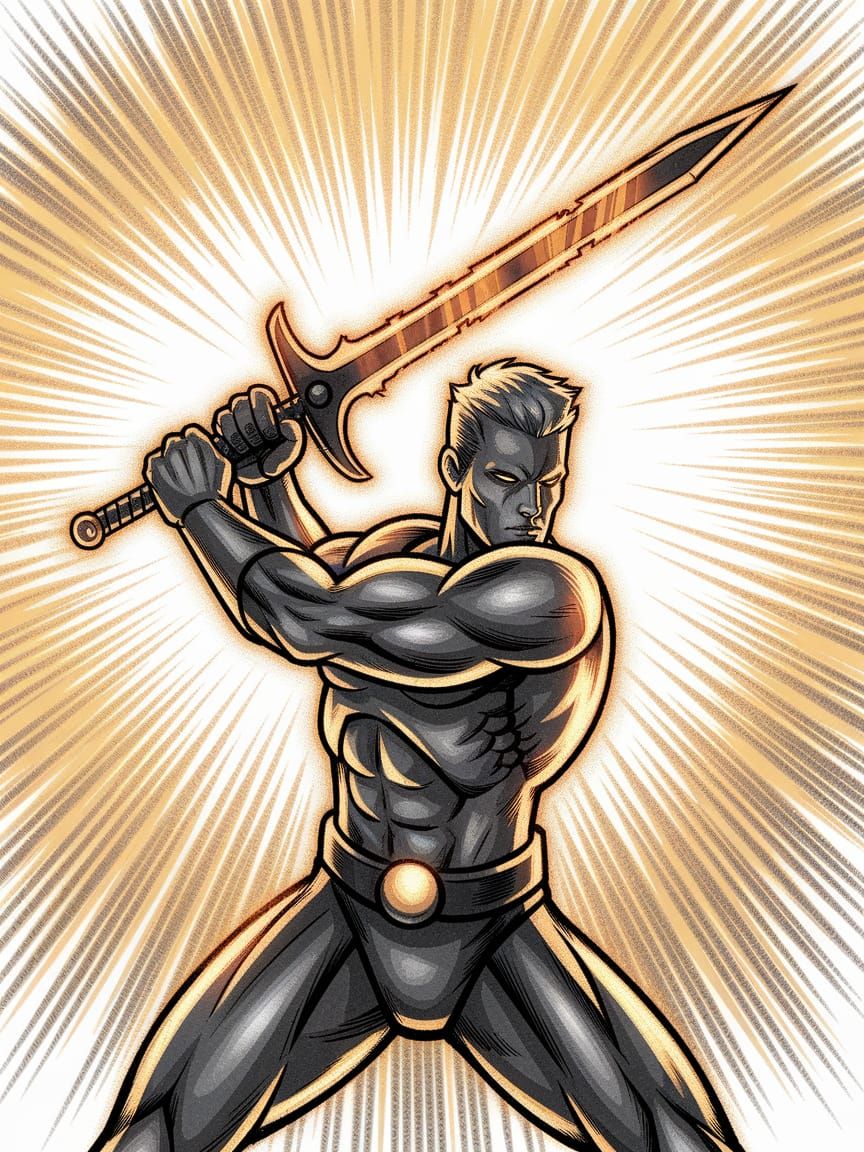 Elemental Superhero Wields Uranium Sword in Dynamic Woodcut ...