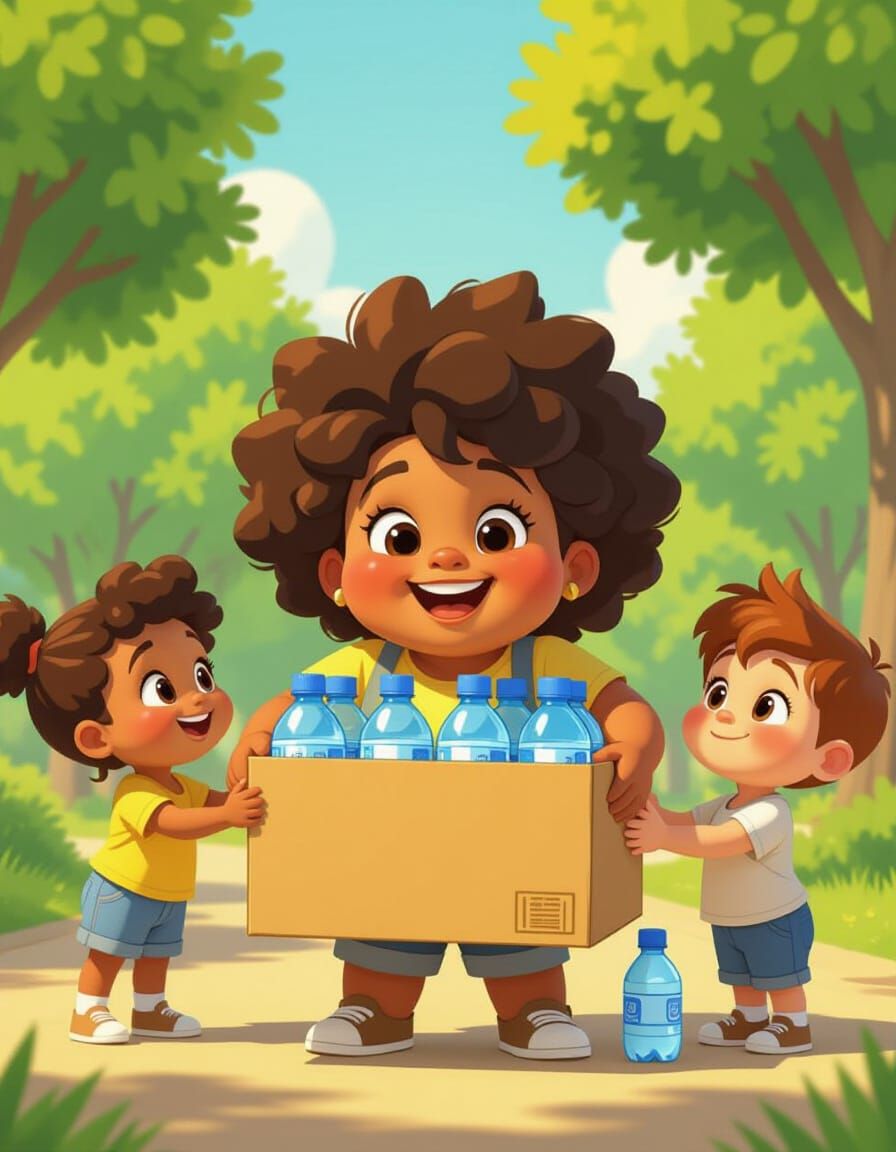 Happy Girl with Water Bottles in Animation Style