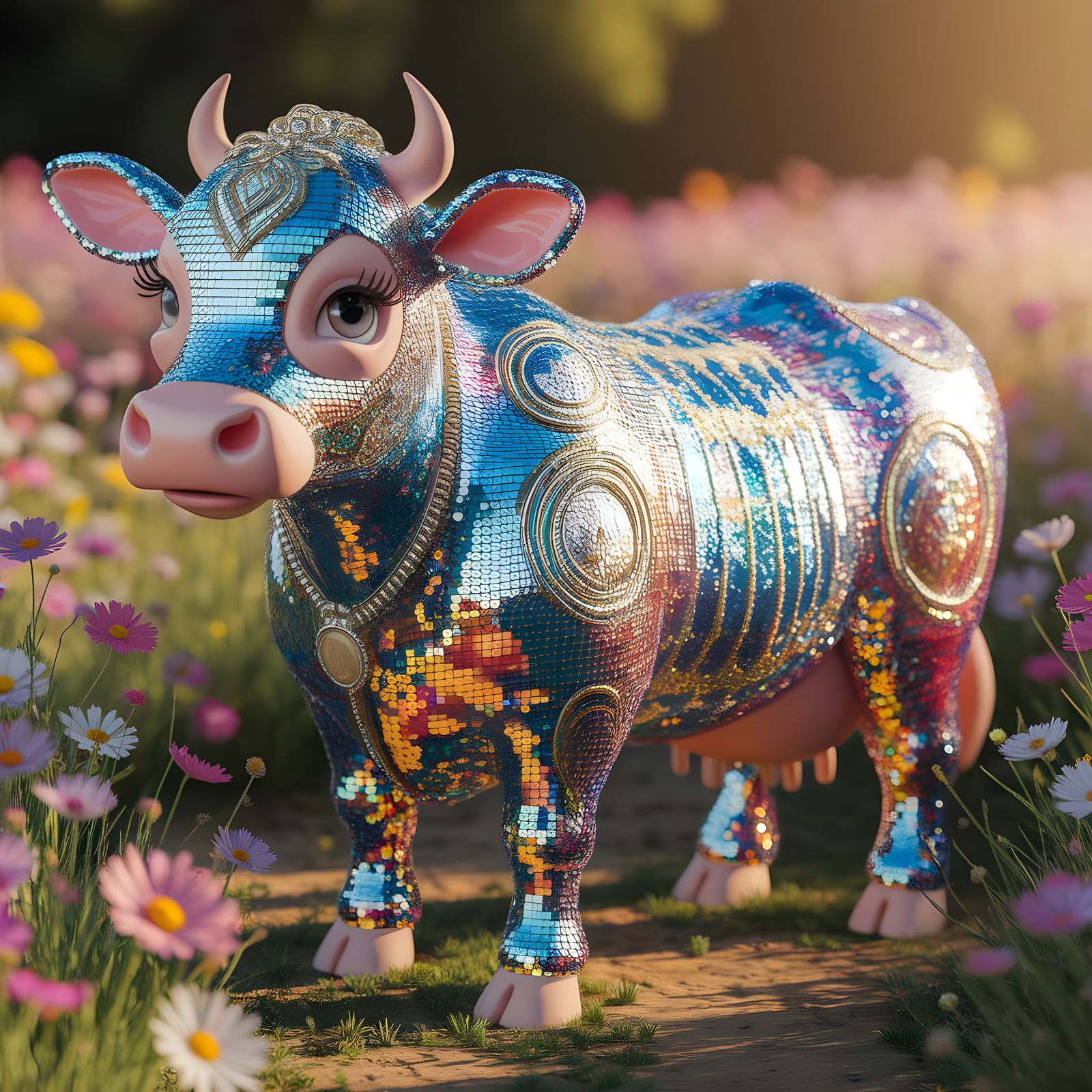 Vibrant Disco Cow in Whimsical Flower Field
