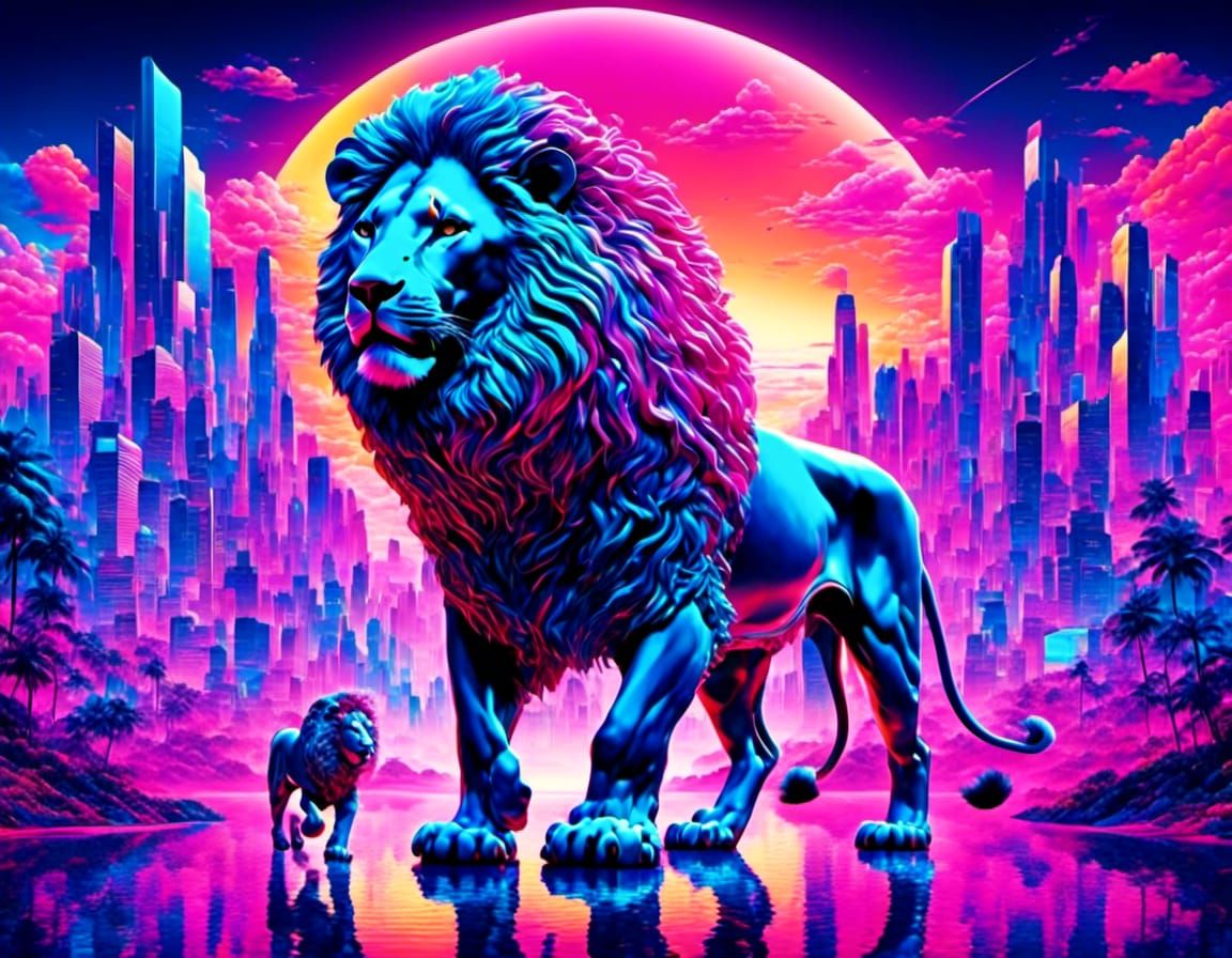 Vaporwave Lion in Psychedelic Tech Environment