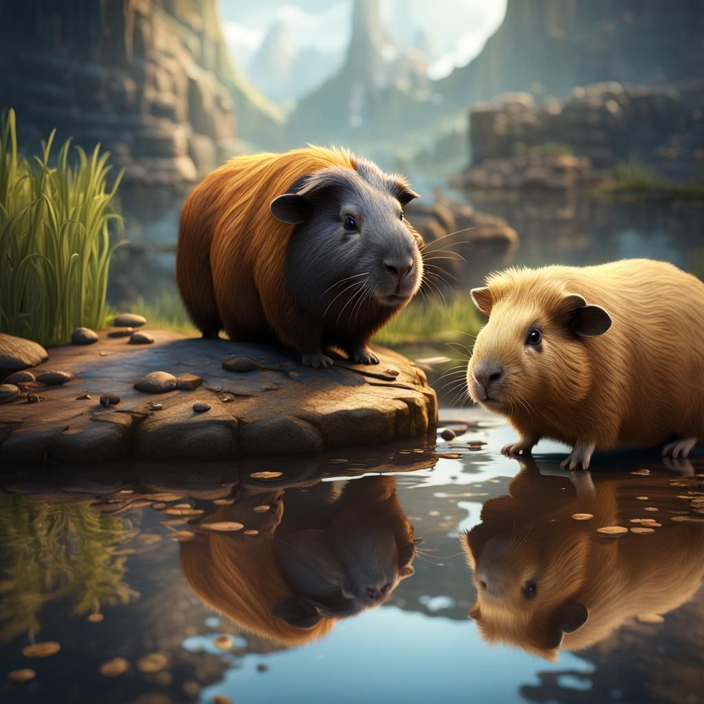Guinea Pig and Capybara Reflection in Detailed Painting