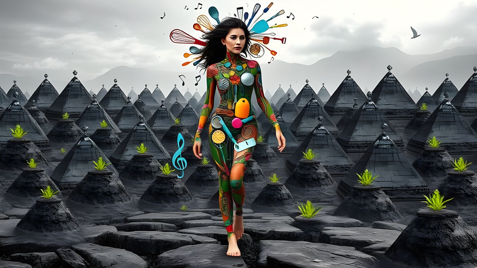 Woman of Whimsical Kitchen Tools in Surreal Landscape