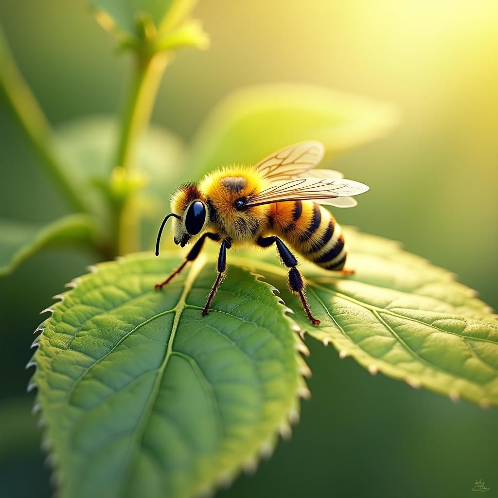 Golden Bee Landing on Emerald Leaf: Vintage Illustration
