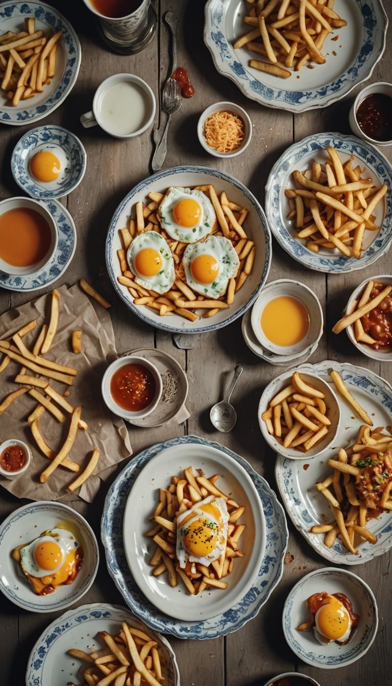 Cinematic Still Life with Fries, Eggs, and Burger